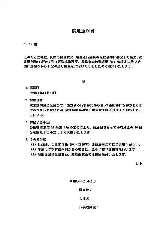詳細通知・解雇理由・返却物管理含む解雇通知書テンプレート