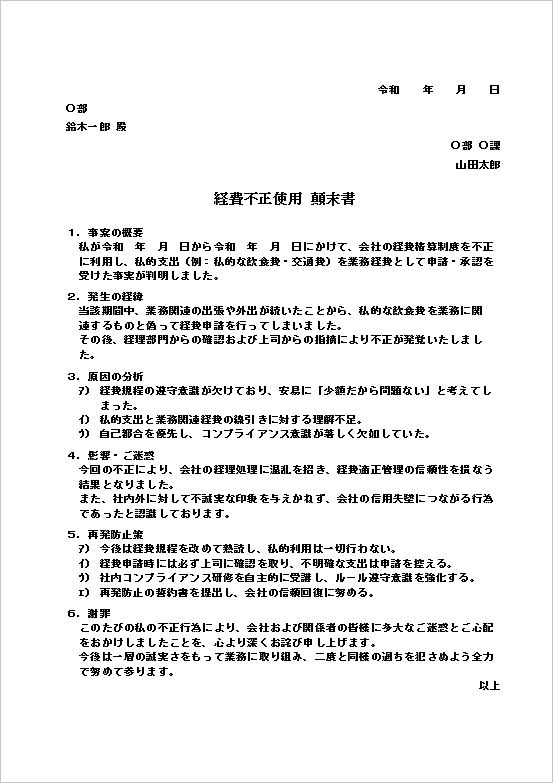 経費不正使用の顛末書テンプレート