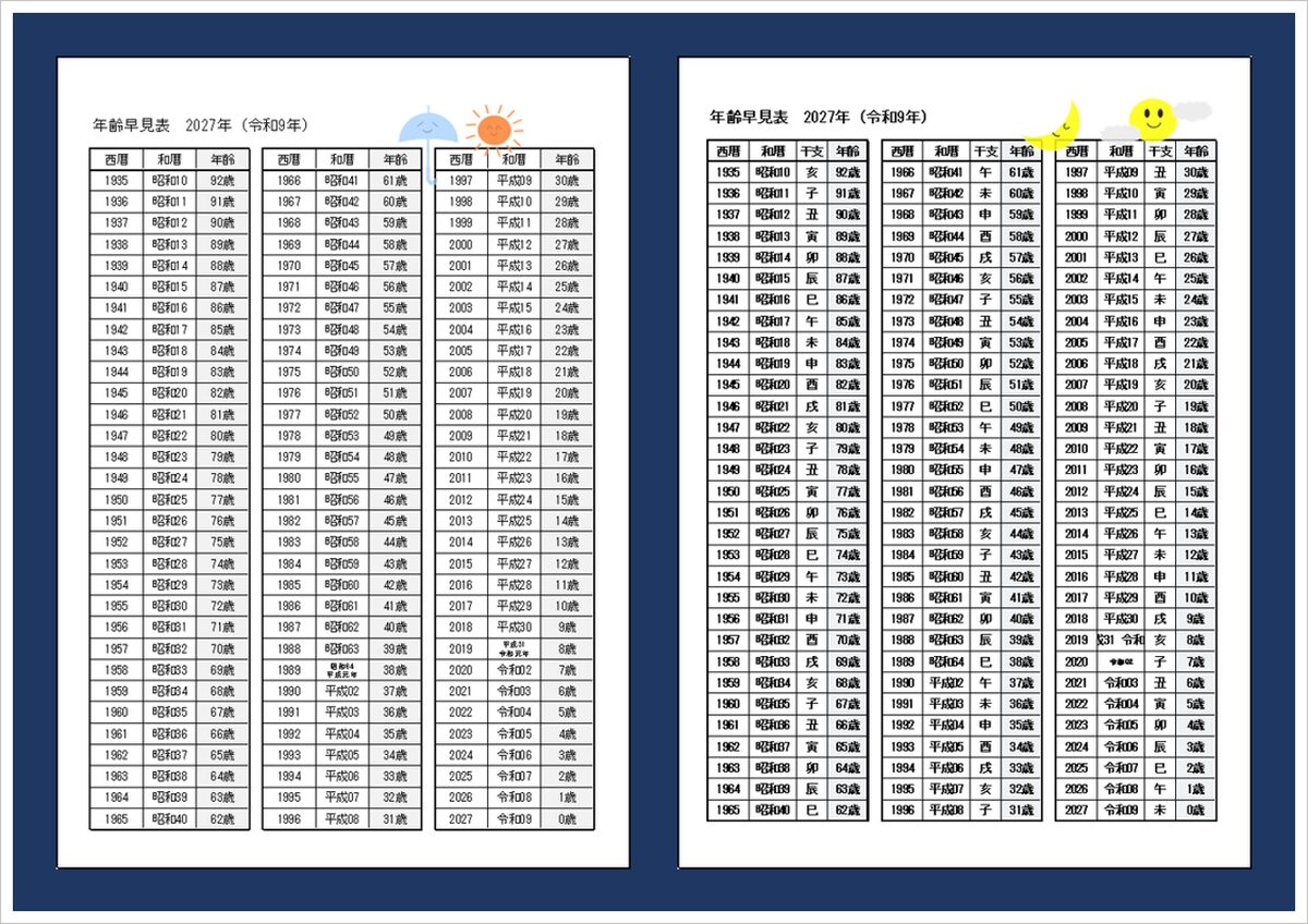 【2027年 年齢早見表（令和9年）無料】西暦・和暦・干支対応｜Excelテンプレート