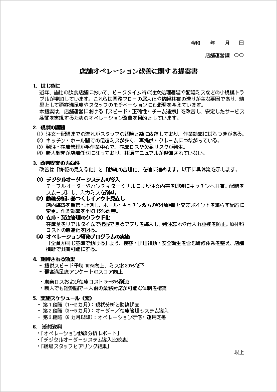 店舗オペレーション改善提案書のテンプレート例(飲食店・業務効率化・Word)