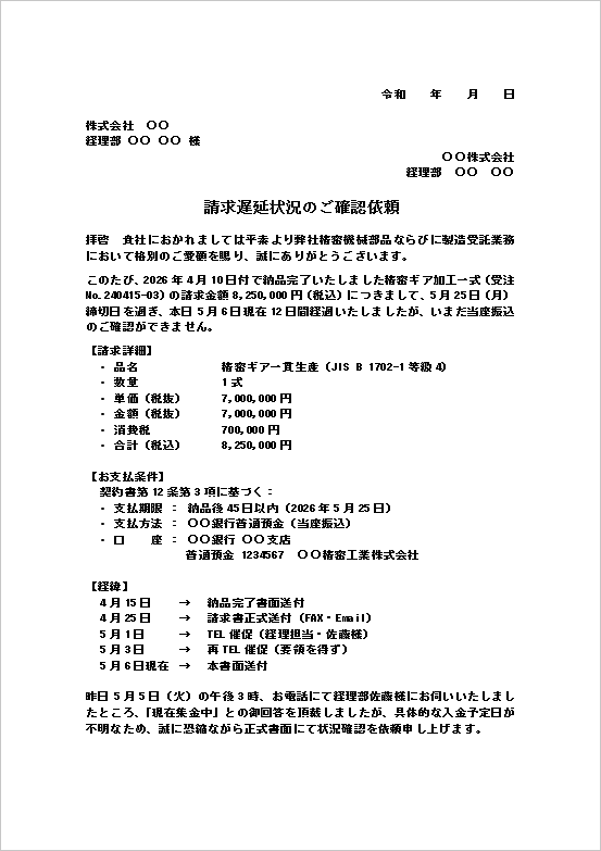 請求遅延確認テンプレート｜請求内容や経緯を記載した1ページ目の文例