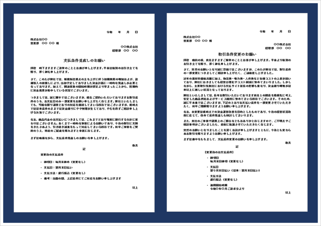 支払条件変更の依頼文のWordテンプレートを紹介するビジネス向けアイキャッチ画像。取引先への支払条件見直し依頼や支払サイト変更の通知文をイメージしたデザイン。