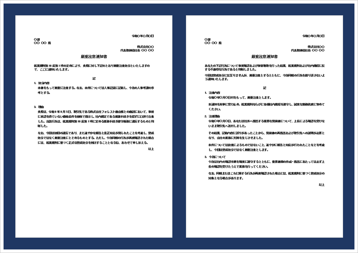 厳重注意通知書テンプレート（Word）の無料ダウンロードページ。業務手続き違反や確認不足による業務ミスに対応した編集可能な社内通知書テンプレート。