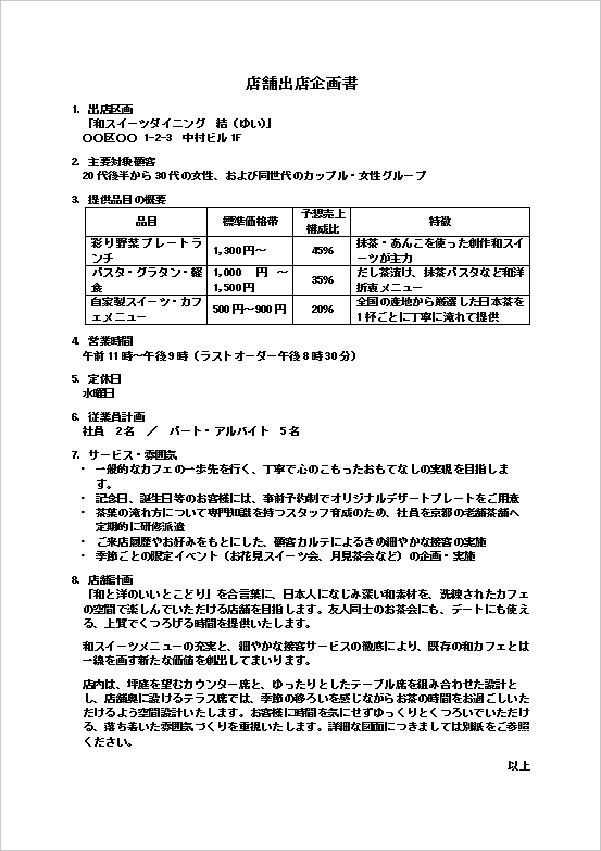 和スイーツダイニング向け店舗出店企画書のWordテンプレートを表示したキャプチャー画像