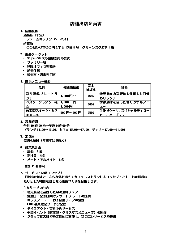 ファームレストラン向け店舗出店企画書のWordテンプレート（1ページ目）を表示したキャプチャー画像